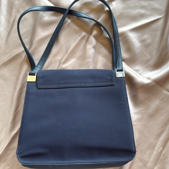 Mondani Navy Peau De Soie Fabric & Leather Structured Sections Bag Silver Accent - Picture 5 of 13